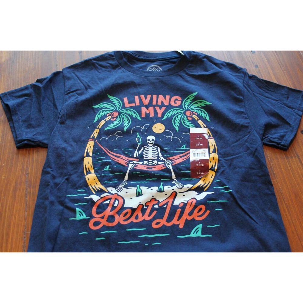 DOM Good Vibes-Living My Best Life Tee Men's Small Blue Short Sleeve Crew NWT
